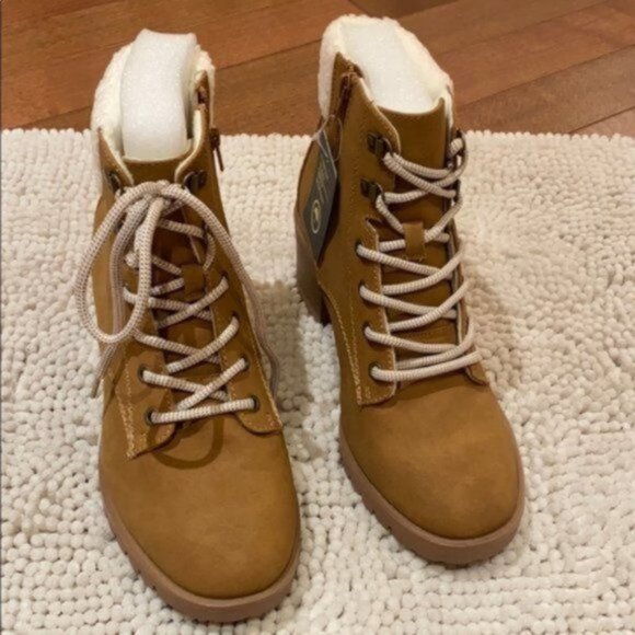 Addition Elle Women Brown Wide Combat Sherpa Trim Lace up Winter Boots Size 9W - Picture 3 of 12